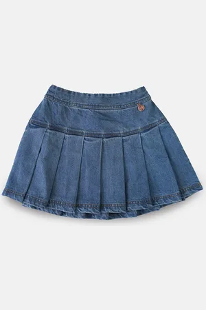 Angel & Rocket Girls Blue Solid Pleated Denim A-Line Skirts