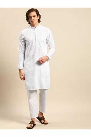 Anouk Men White Ethnic Motifs Embroidered Pure Cotton Kurta with Pyjamas