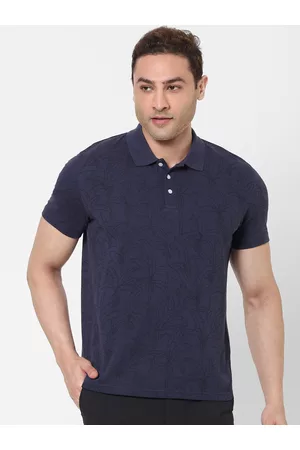 Celio Men Navy Blue Tropical Printed Polo Collar Cotton Pure Cotton T-shirt
