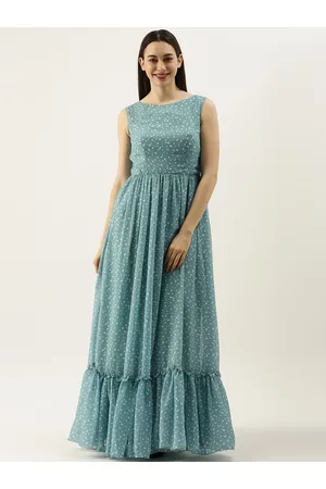 Ethnovog Women Blue White Prined Made To Measure Maxi Dress