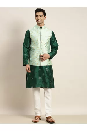 SOJANYA Men Embroidered Jackets - Men Green Ethnic Motifs Embroidered Mirror Work Kurta with Pyjamas & Nehru Jacket
