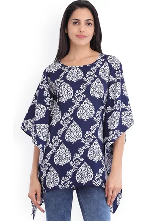 Cottinfab Women Navy & Off-White Printed Kaftan Top