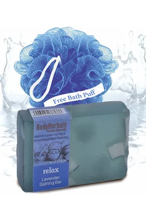 BodyHerbals Stress Relief Lavender Bathing Soap Bar with Natural Chunks & Free Bath Puff