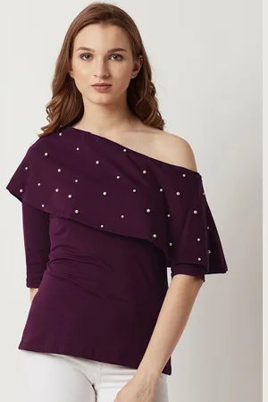 Miss Chase Women Purple Embellished One Shoulder Pure Cotton Top