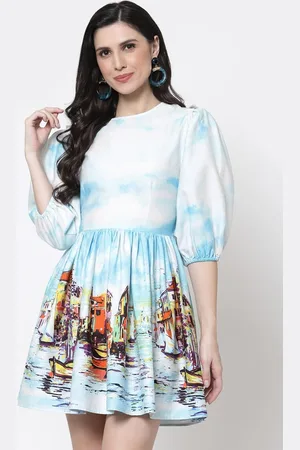 Blanc9 Women Blue & White Floral Satin Dress