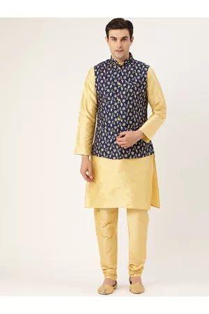 SOJANYA Men Golden & Navy Blue Solid Kurta with Churidar & Nehru Jacket
