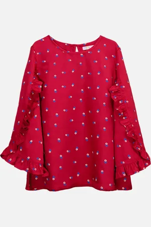 CACA CINA Maroon & Blue Floral Printed Ruffles Regular Top