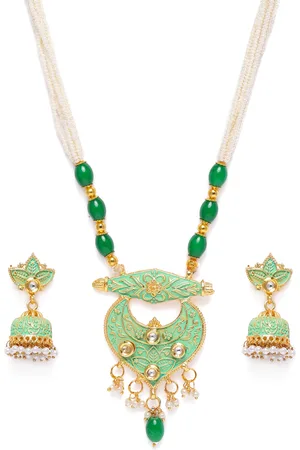 Kord Store Green Gold Plated Chand Shape Lariyat Haram Necklace & Jhumka Earrings Set