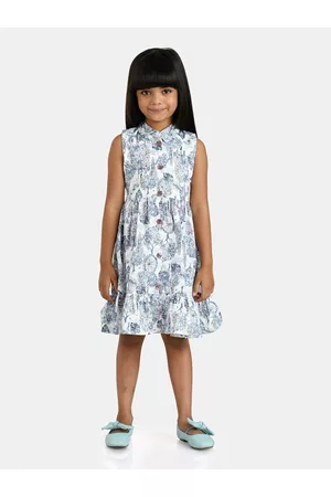 Peppermint Girls Blue & White Printed Pure Cotton Dress