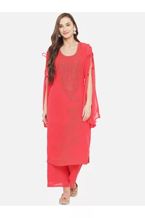 Aujjessa Women Coral Ethnic Motifs Embroidered Beads and Stones Kurta with Palazzos