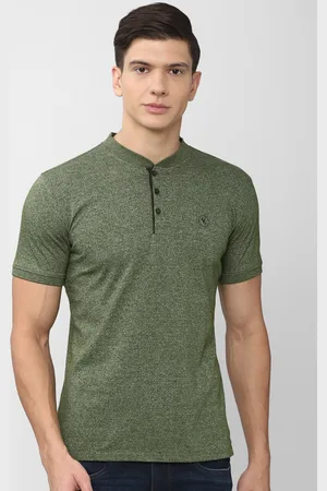 V Dot Men Olive Green Henley Neck Slim Fit T-shirt