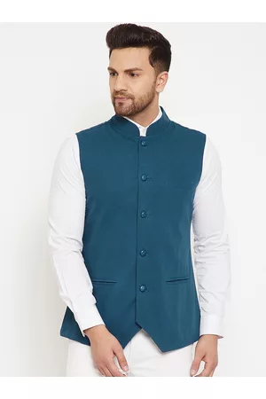 Hypernation Men Teal Blue Cotton Waistcoat