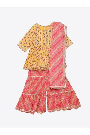 Biba Girls Yellow Floral Printed Kurti with Sharara & With Dupatta