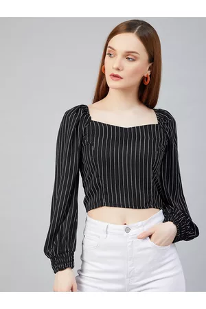 Rare Fashion Women Black Striped Puff Sleeve Crepe Regular Crop Top