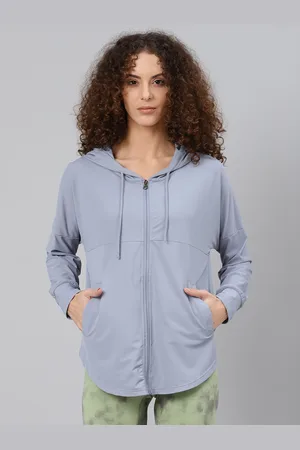 Fitkin Women Blue Solid Hooded Front-Open Training Sweatshirt