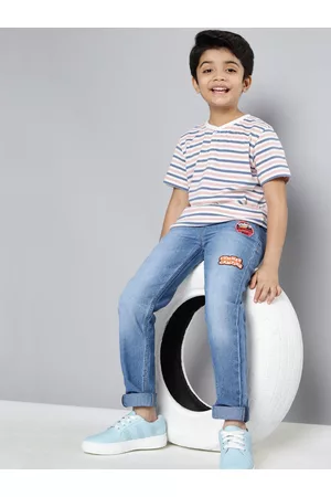 HERE&NOW Boys Blue Heavy Fade Applique Stretchable Jeans