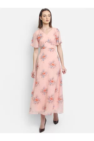 women floral printed pink maxi dress