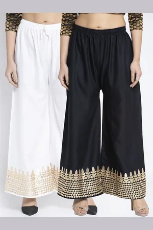 Jinfo Women Black & White Pack of 2 Gota Bottom Printed Flared Ethnic Palazzos