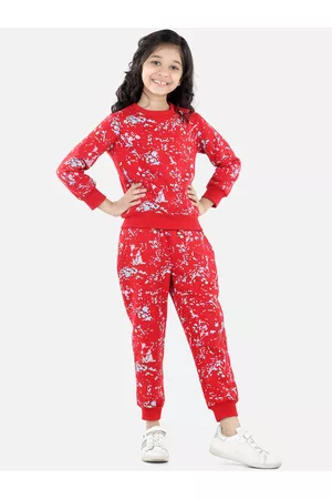 StyleStone Girls Red & Blue Printed Cotton Tracksuit