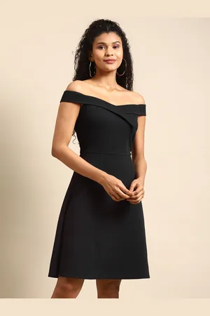 DODO & MOA Women Navy Blue Self Design Off-Shoulder A-Line Dress