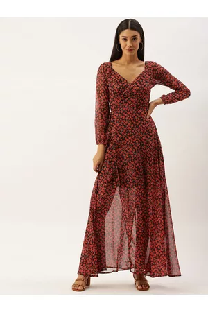 Berrylush Women Black & Red Printed Maxi Dress