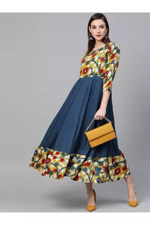 Jaipur Yellow & Navy Blue Kalamkari Hand Block Printed Rayon Dress