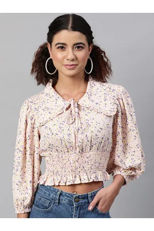 STREET 9 Women Pink Floral Tie-Up Neck Cinched Waist Crop Top