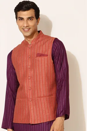 Fabindia Men Orange Striped Nehru Jackets