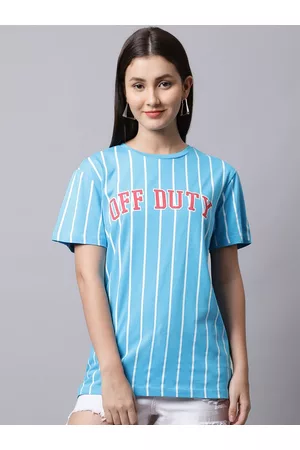 DOOR74 Women Blue Printed Cotton T-shirt