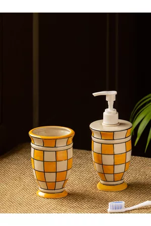 ExclusiveLane Set Of 2 Yellow & White Hand-Painted Ceramic Bath Accessory Set