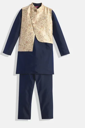 Ethnovog Boys Navy Blue Solid Made to Measure Kurta with Pyjamas Jacquard Nehru Jacket