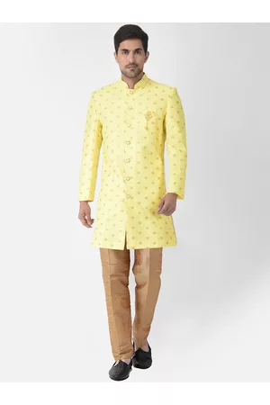SG LEMAN Men Yellow Woven-Design Sherwani Set