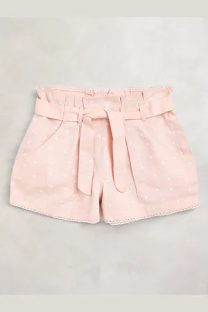 Cherry Crumble Girls Peach-Coloured & White Cotton Polka Dots Print Shorts with Belt