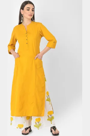 Pistaa Women Yellow Panelled Kurta With Printed Palazzos