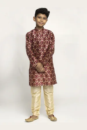 Kraft Boys Maroon & Gold-Toned Printed Silk Kurta with Churidar