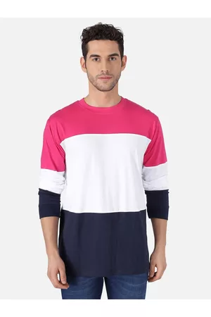 The Dry State Men White Pink & Navy Blue Colourblocked Pure Cotton Round Neck T-shirt