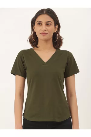 BRINN Women Olive Green V-Neck Cotton T-shirt