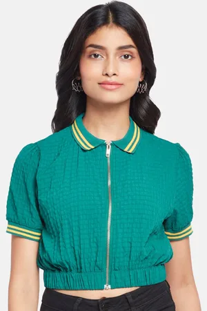 PEOPLE Women Green Shirt Style Crop Top