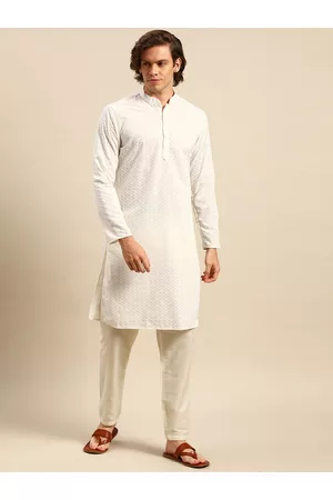Anouk Men Ethnic Pyjamas - Men Off White Ethnic Motifs Embroidered Pure Cotton Kurta with Pyjamas