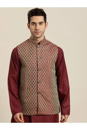 SOJANYA Men Maroon & Golden Woven Design Nehru Jacket