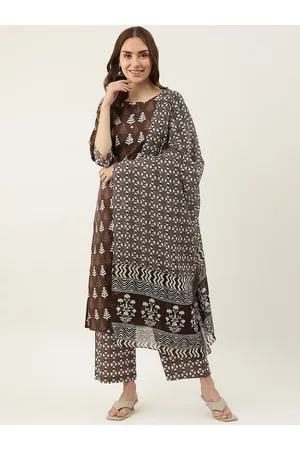 FIORRA Women Brown Printed Pure Cotton Kurta with Palazzos & With Dupatta
