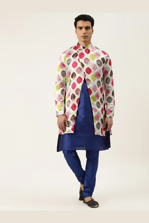 SOJANYA Men Navy Blue Solid Kurta Set With Printed Jacket