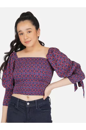 Antheaa Blue Floral Print Smocked Chiffon Crop Top