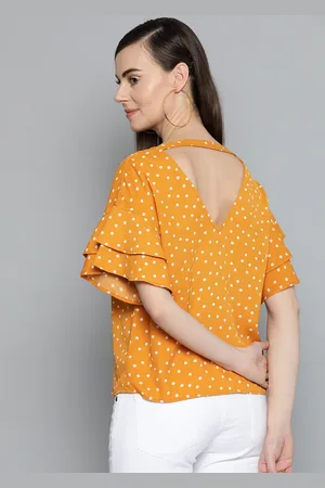 Harpa Women Mustard Yellow & White Polka Dot Print Styled Back Top