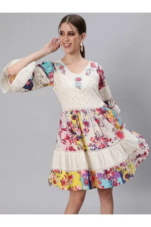 Ishin Women Off White & Yellow Floral Tiered Dress