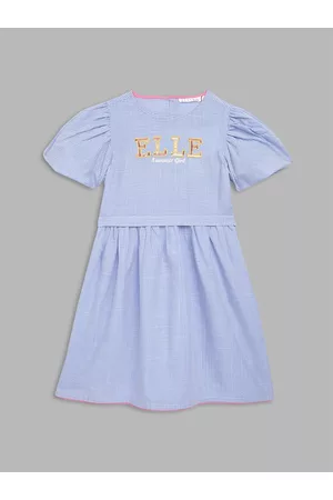 Elle Blue & White Checked Pure Cotton A-Line Dress
