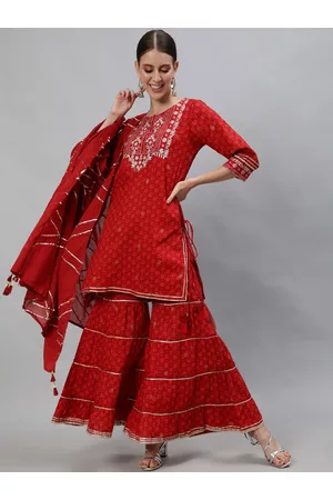 Ishin Women Maroon Bandhani Embroidered Regular Kurta with Sharara & With Dupatta