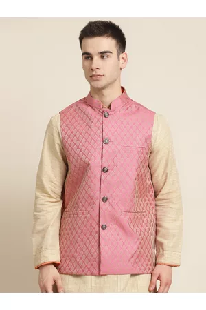 SOJANYA Men Pink and Beige Woven Design Jacquard Silk Nehru Jacket
