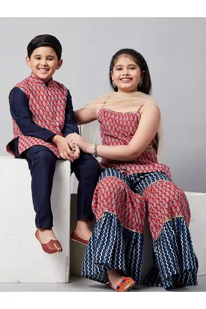 Stylo Bug Girls Red Ethnic Motifs Printed Pure Cotton Kurti with Palazzos & With Dupatta