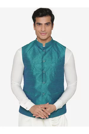 MANQ Men Teal Green Solid Nehru Jacket